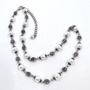 Faux Pearl and Textured Ball Antiqued Silver Tone 18” Necklace
